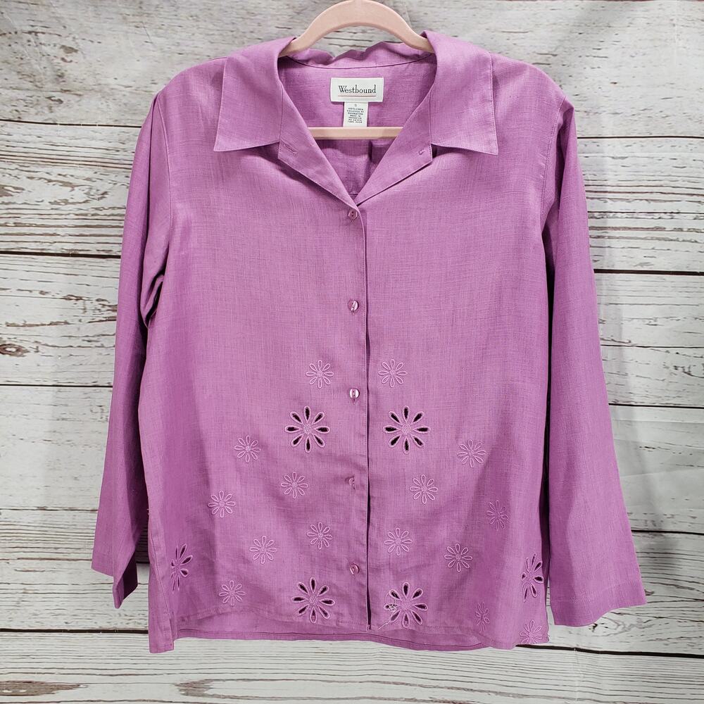 Westbound Women's Purple 100% Linen Embroidered Top Size Small